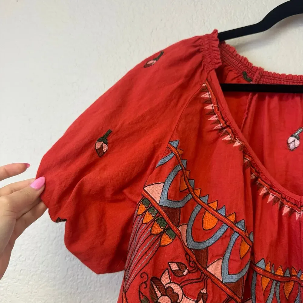 Free People Wind in Her Hair Embroidered Peasant Crop Top Red Size XS